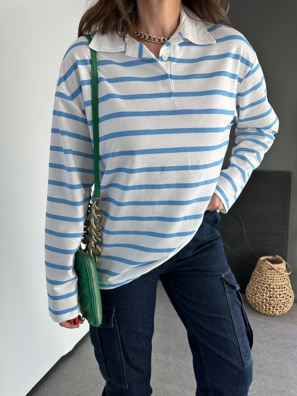 Mavi Çizgili Polo Yaka Sweatshirt