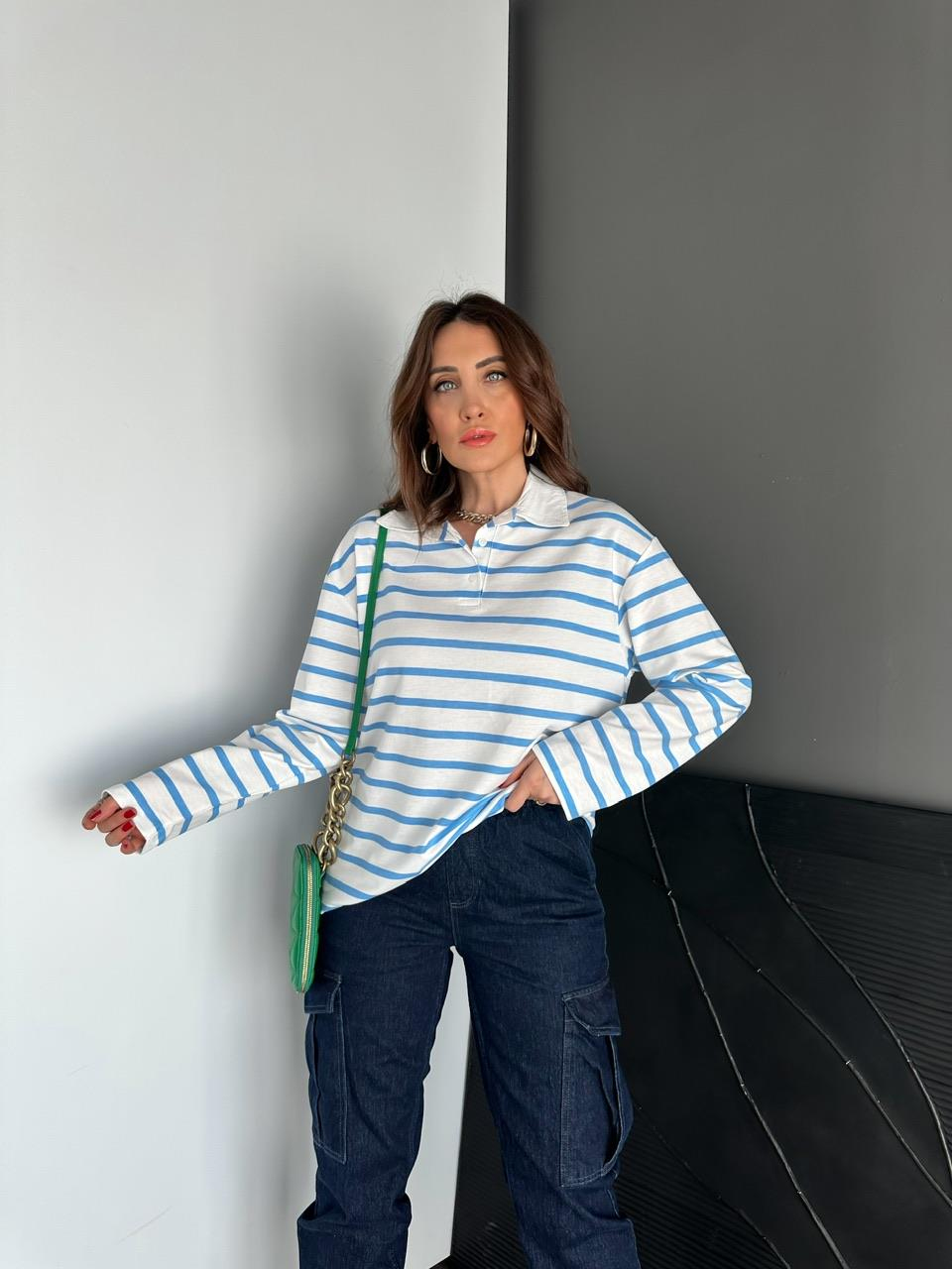 Mavi Çizgili Polo Yaka Sweatshirt