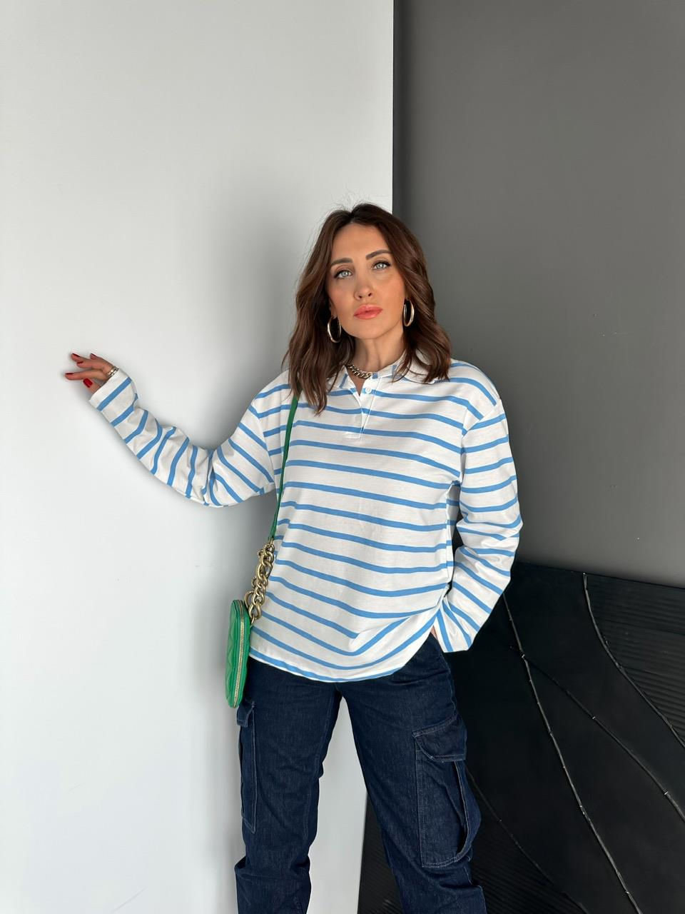 Mavi Çizgili Polo Yaka Sweatshirt