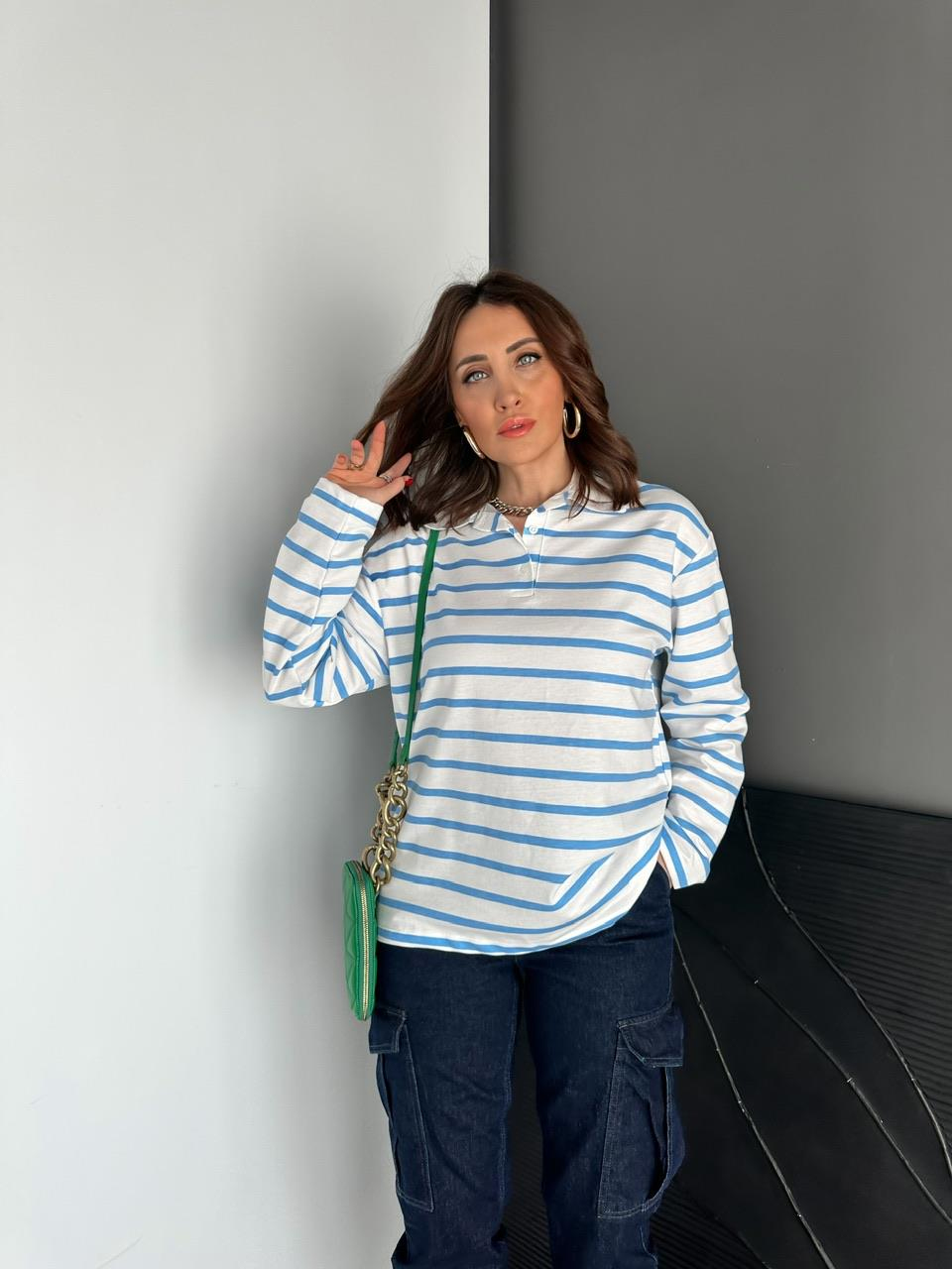 Mavi Çizgili Polo Yaka Sweatshirt