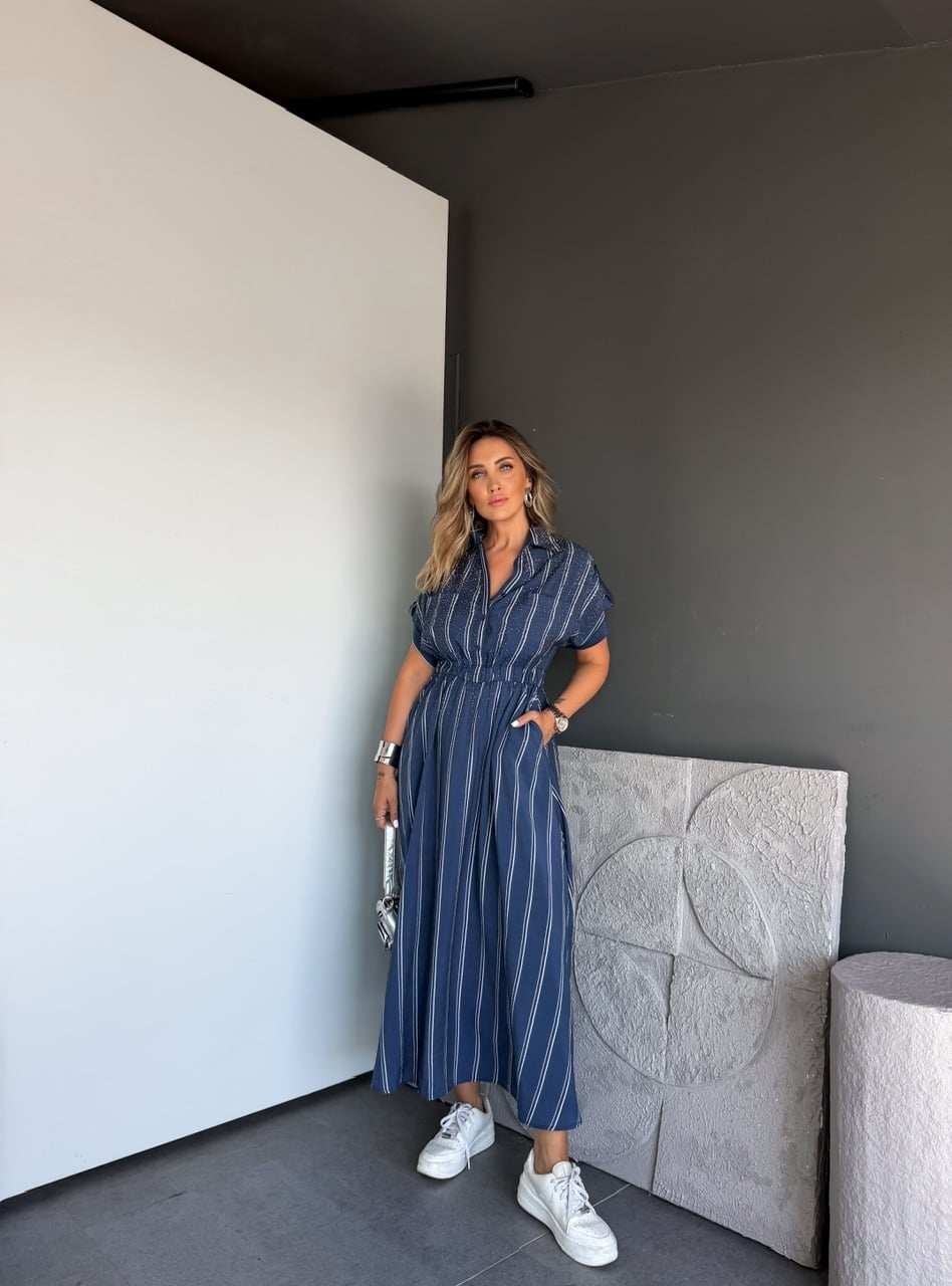Mavi Çizgili Serpme Taşlı Maxi Elbise