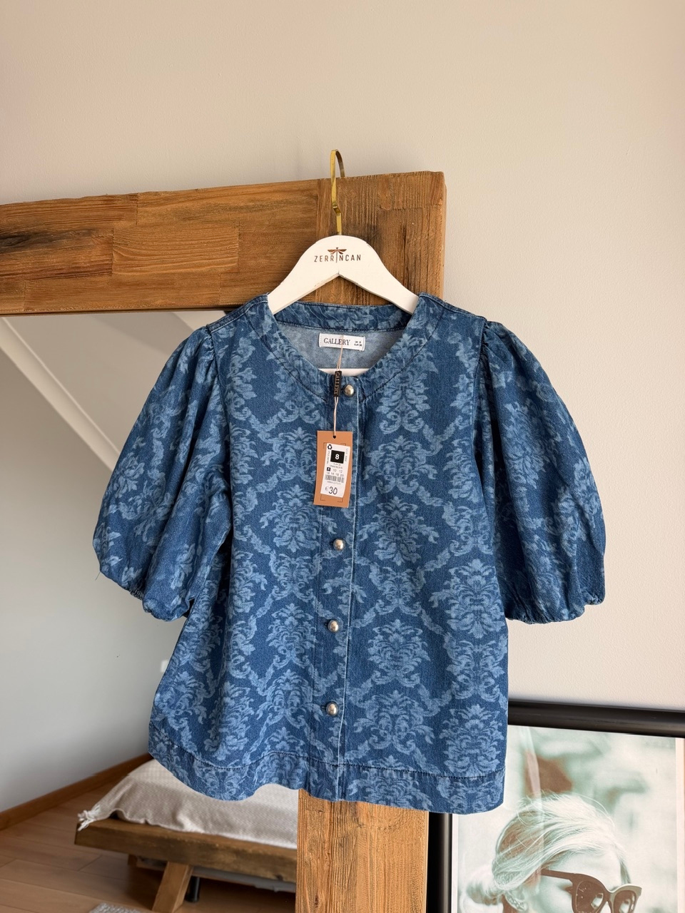 Mavi Desenli Balon Kol Denim Bluz