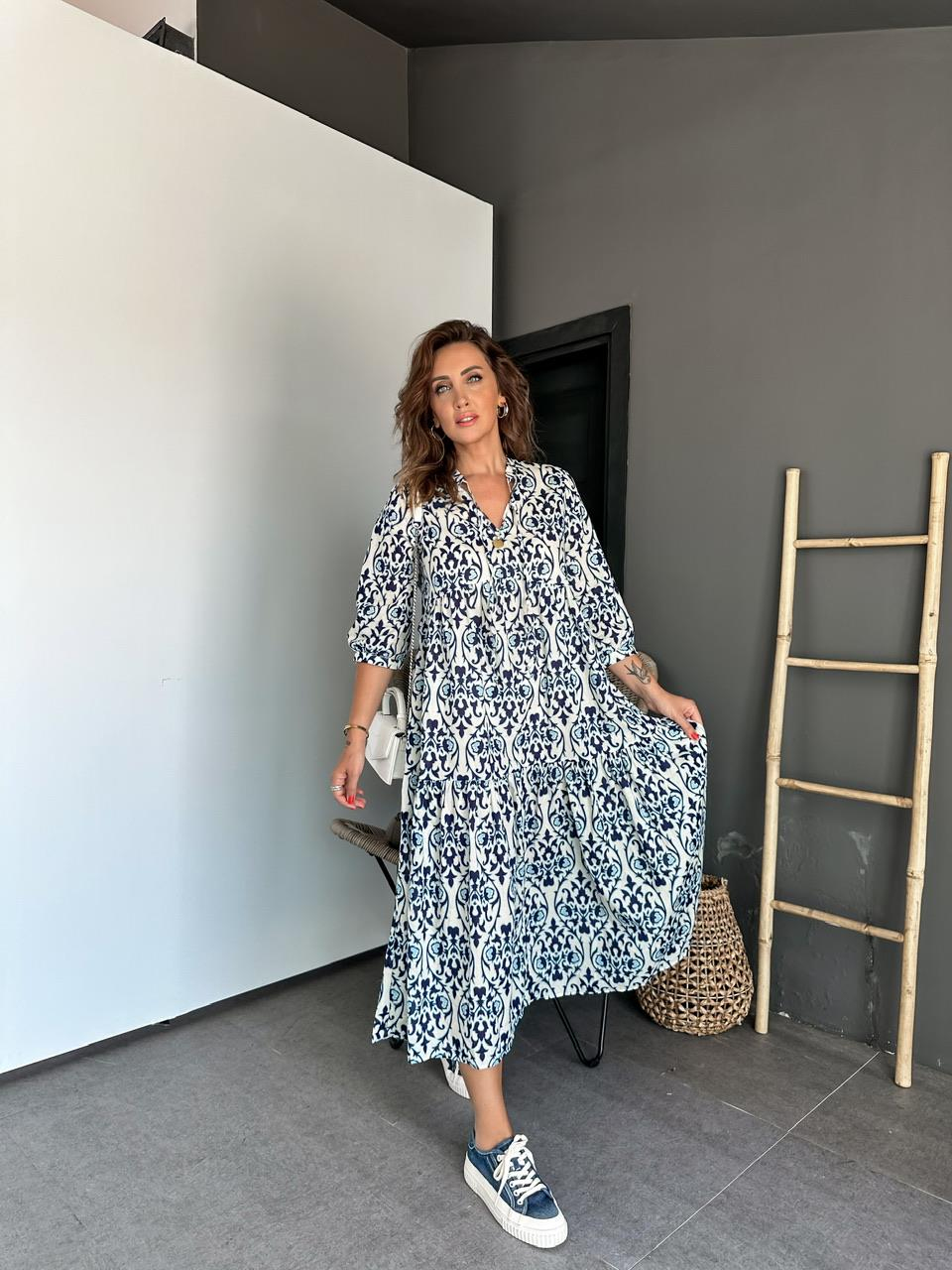 Mavi Desenli Volanlı Salaş Elbise