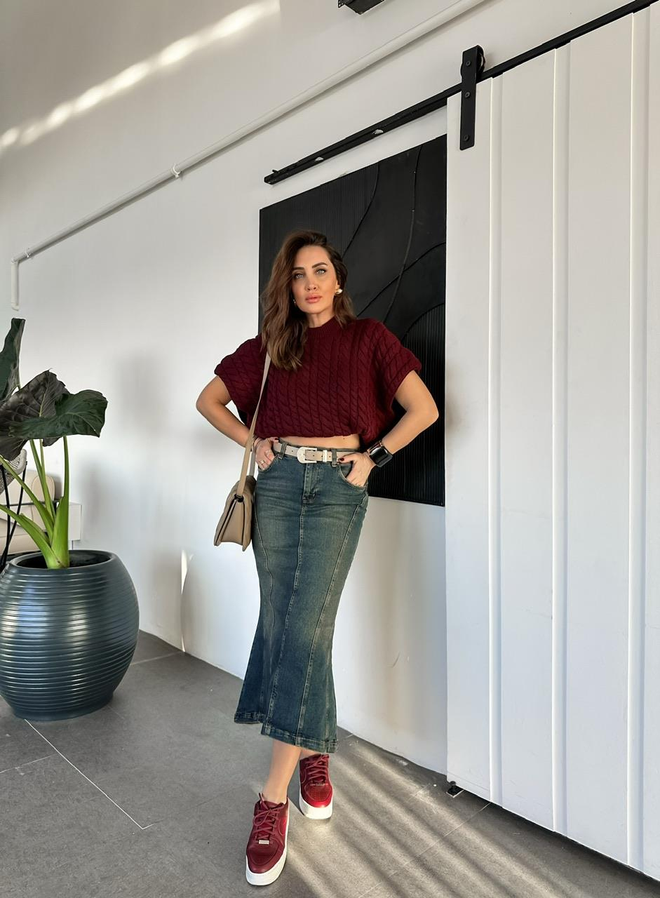 Mavi Eskitme Likralı Çan Etek