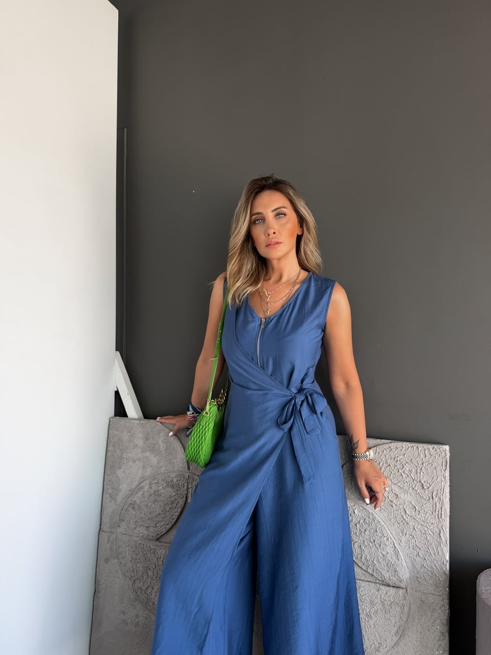Mavi Fermuarlı Bağlamalı Tulum