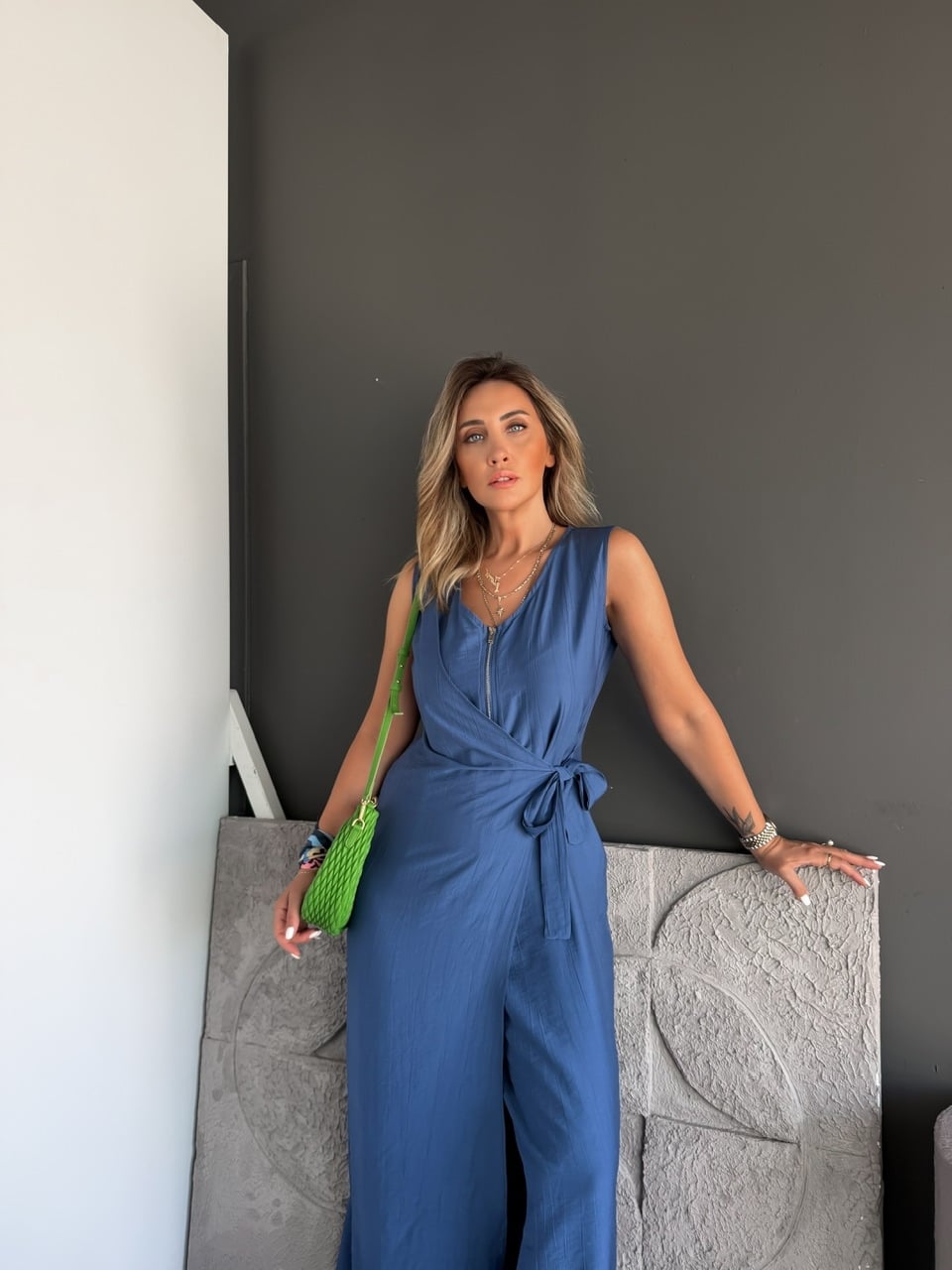 Mavi Fermuarlı Bağlamalı Tulum