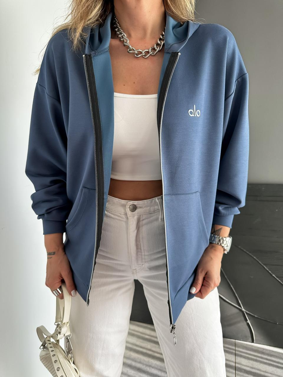 Mavi Fermuarlı Kapşonlu Alo Sweatshirt