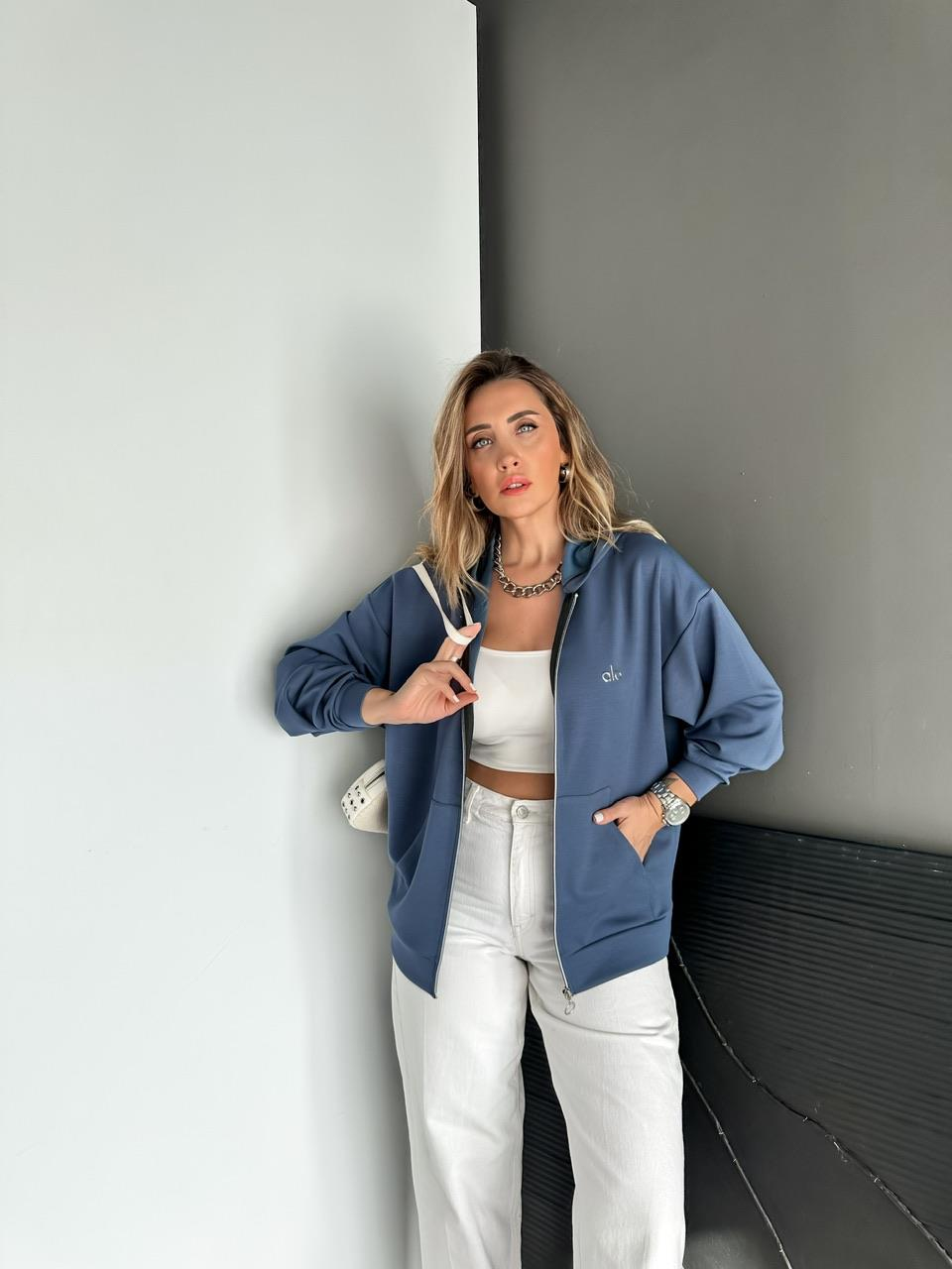 Mavi Fermuarlı Kapşonlu Alo Sweatshirt