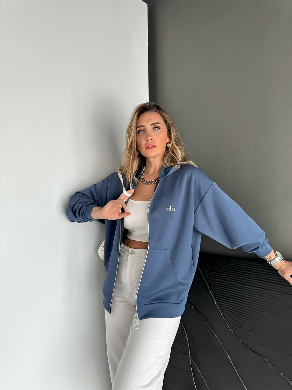 Mavi Fermuarlı Kapşonlu Alo Sweatshirt