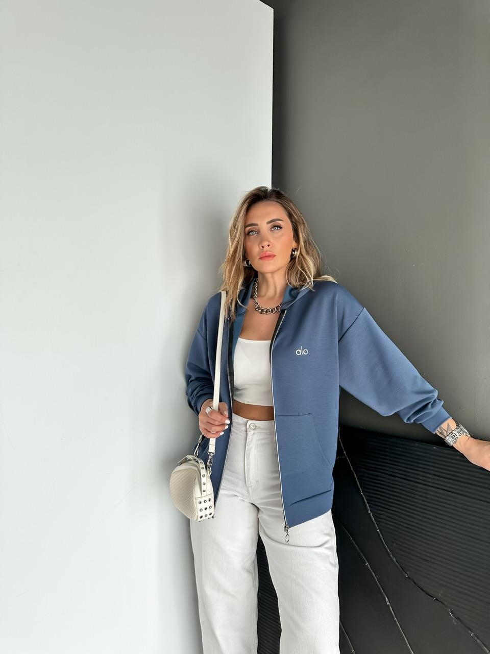 Mavi Fermuarlı Kapşonlu Alo Sweatshirt