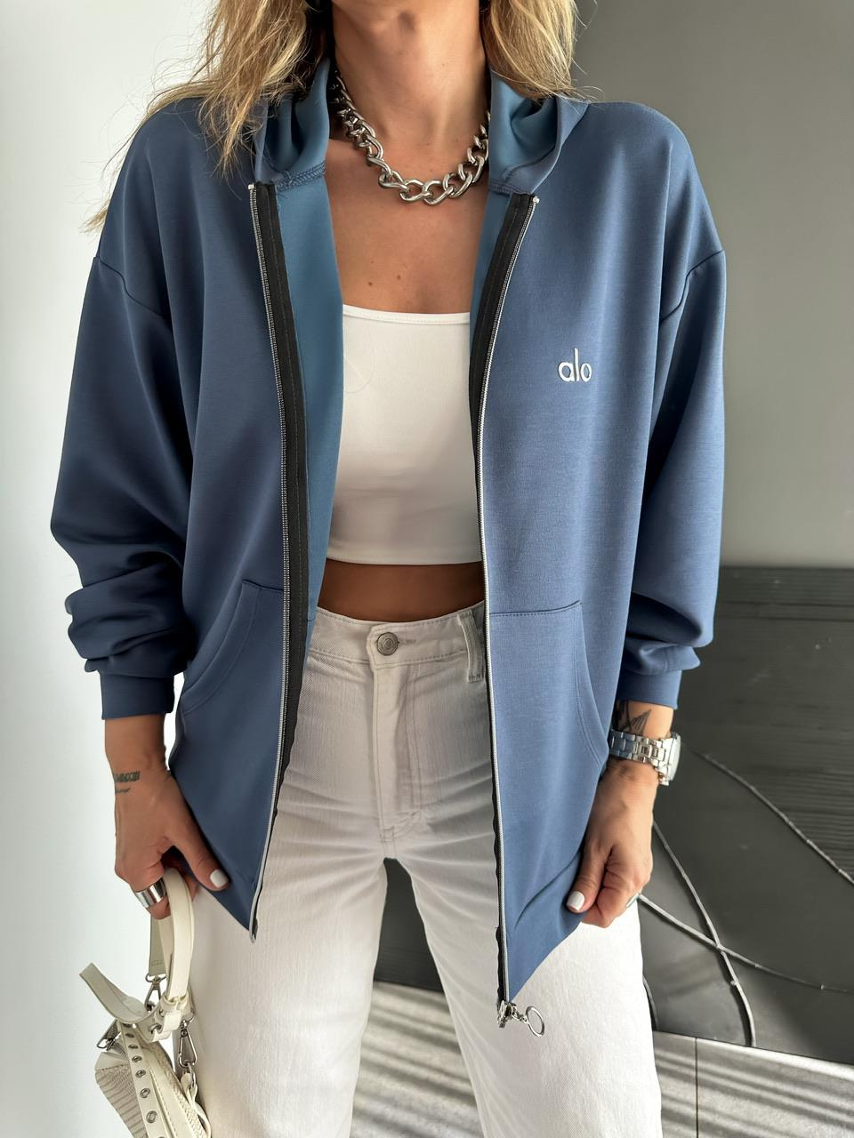 Mavi Fermuarlı Kapşonlu Alo Sweatshirt