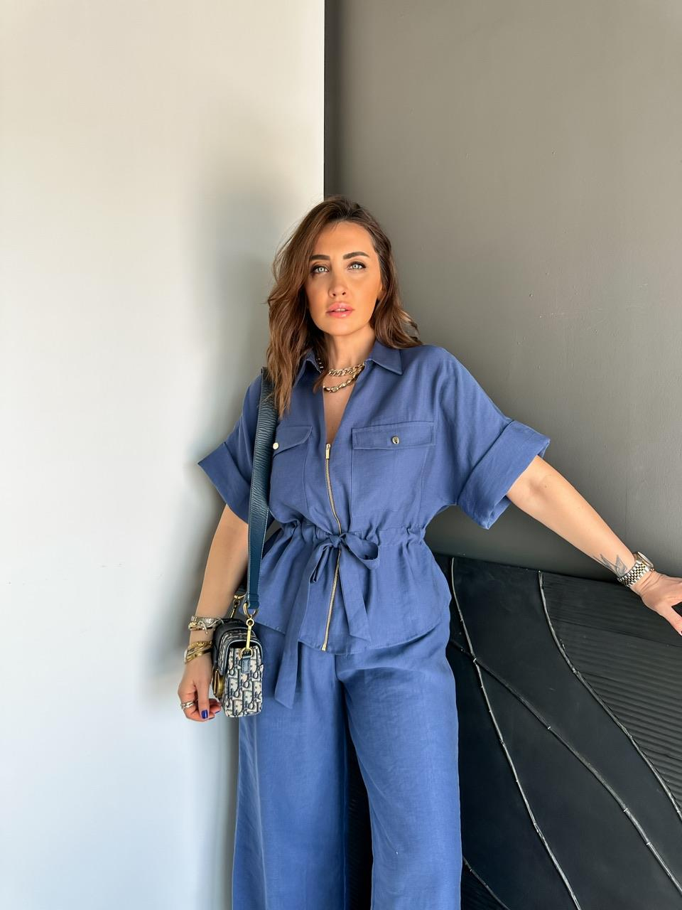 Mavi Fermuarlı Kuşaklı Premium Takım