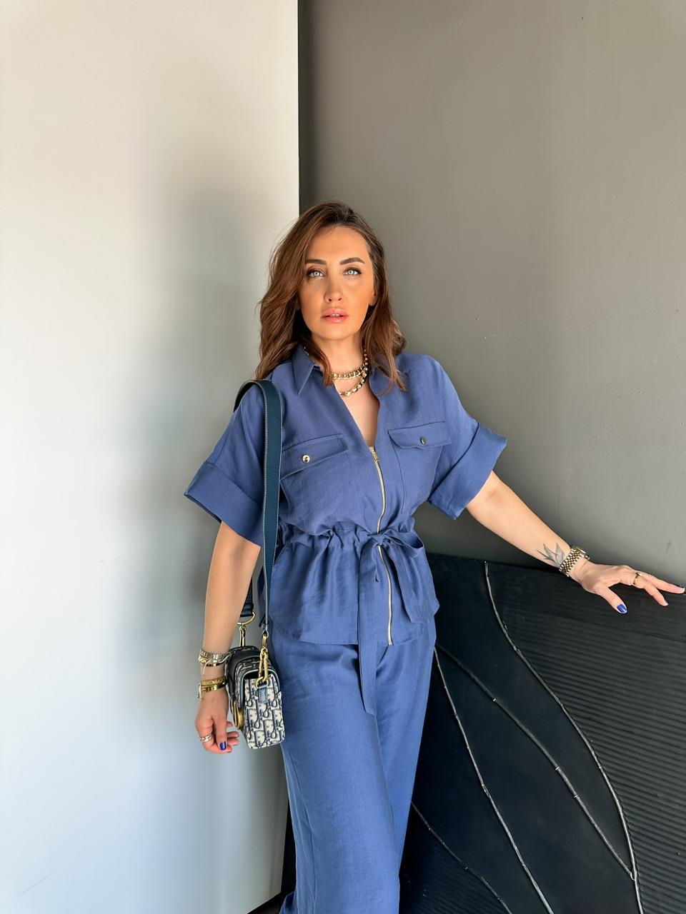 Mavi Fermuarlı Kuşaklı Premium Takım