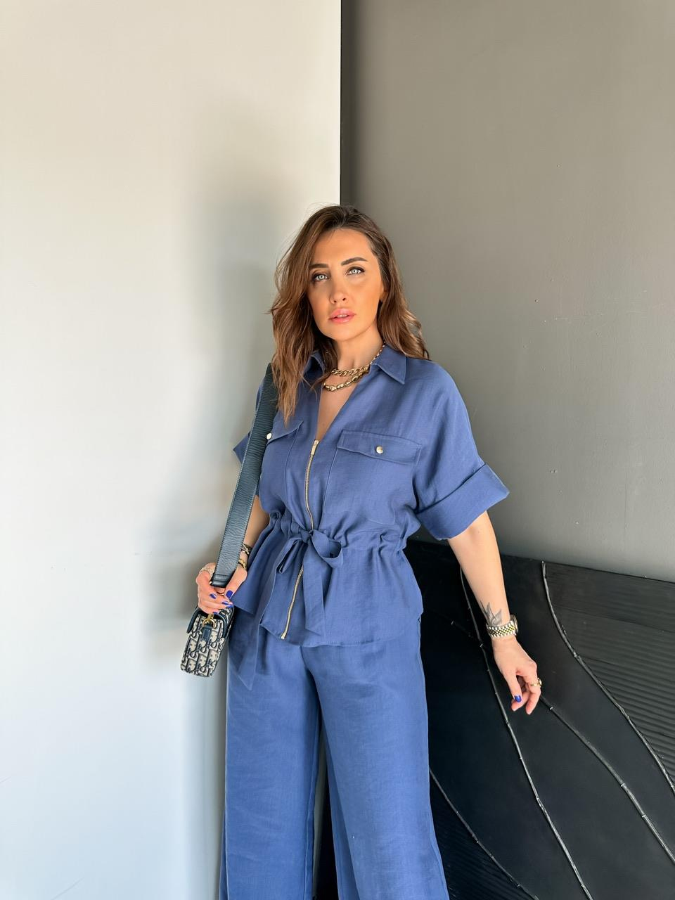 Mavi Fermuarlı Kuşaklı Premium Takım