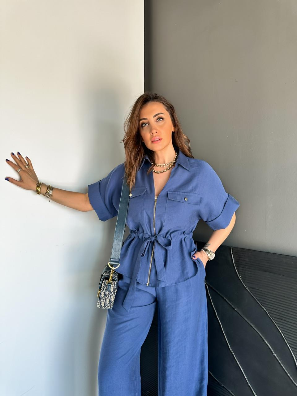 Mavi Fermuarlı Kuşaklı Premium Takım