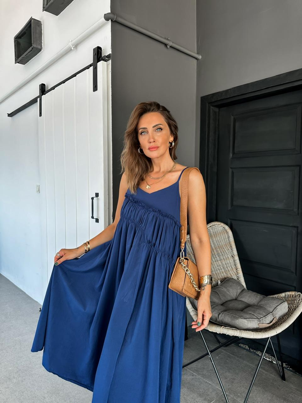Mavi İp Askılı Drapeli Cotton Elbise