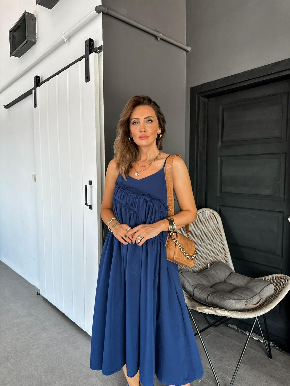 Mavi İp Askılı Drapeli Cotton Elbise