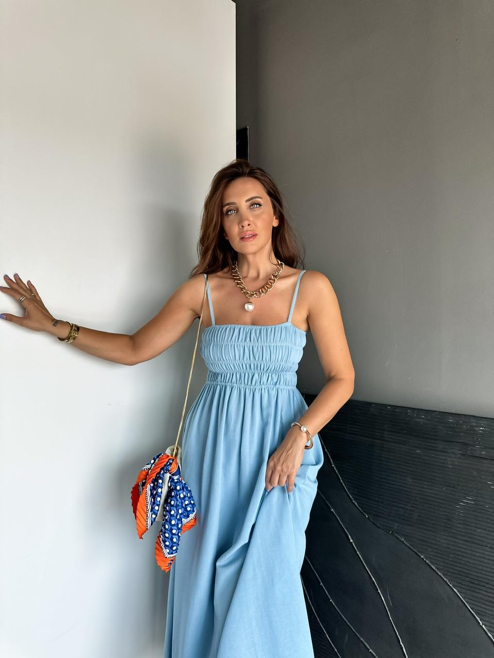 Mavi İp Askılı Gipebil Keten Elbise