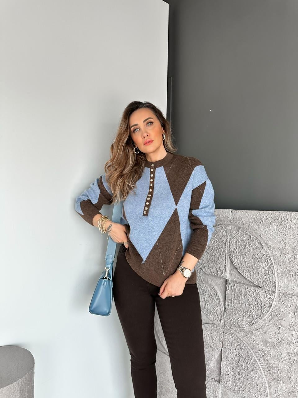 Mavi Kahve Baklava Desen Düğmeli Kazak