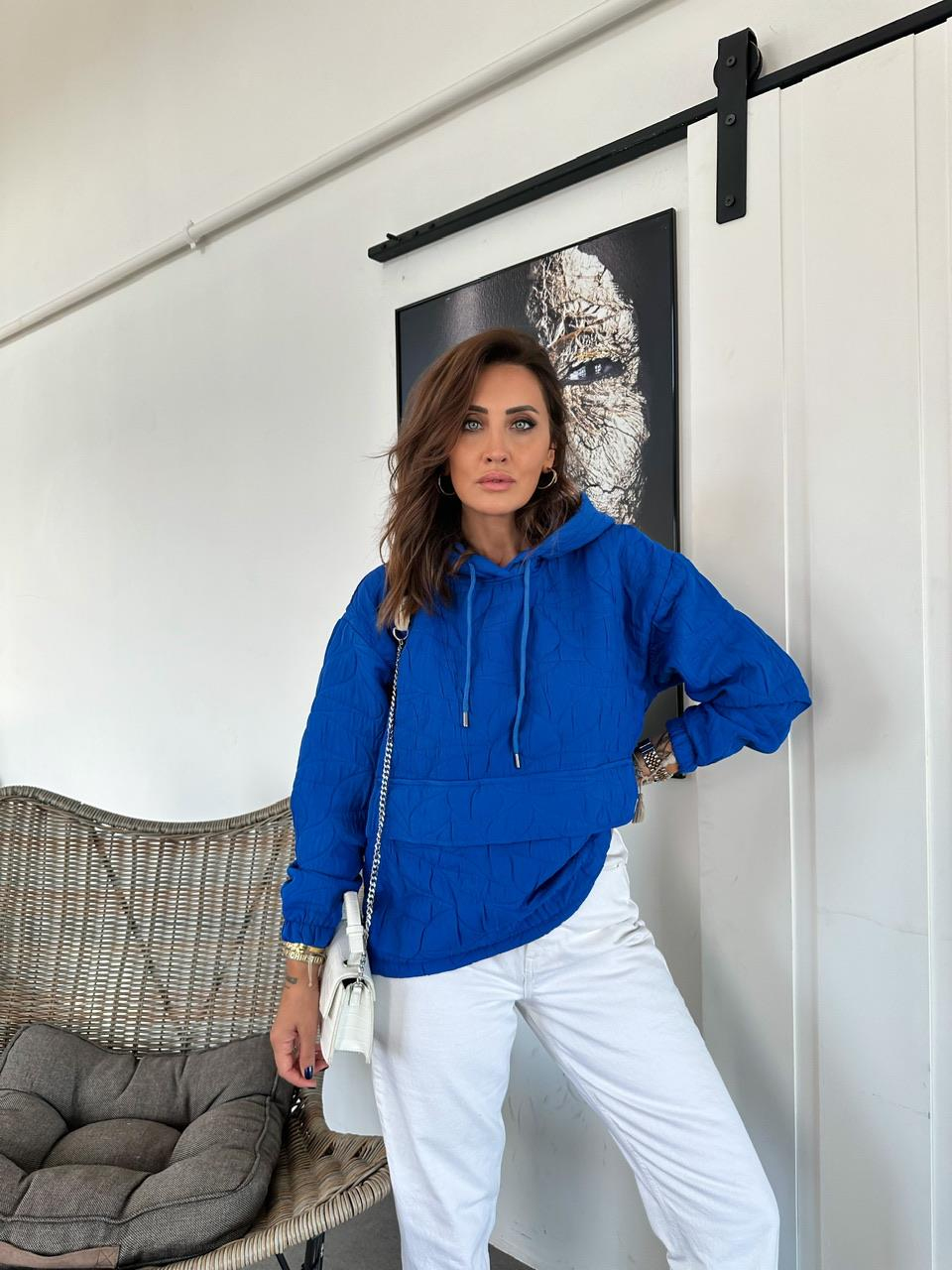 Mavi Kapitone Kapşonlu Sweatshirt
