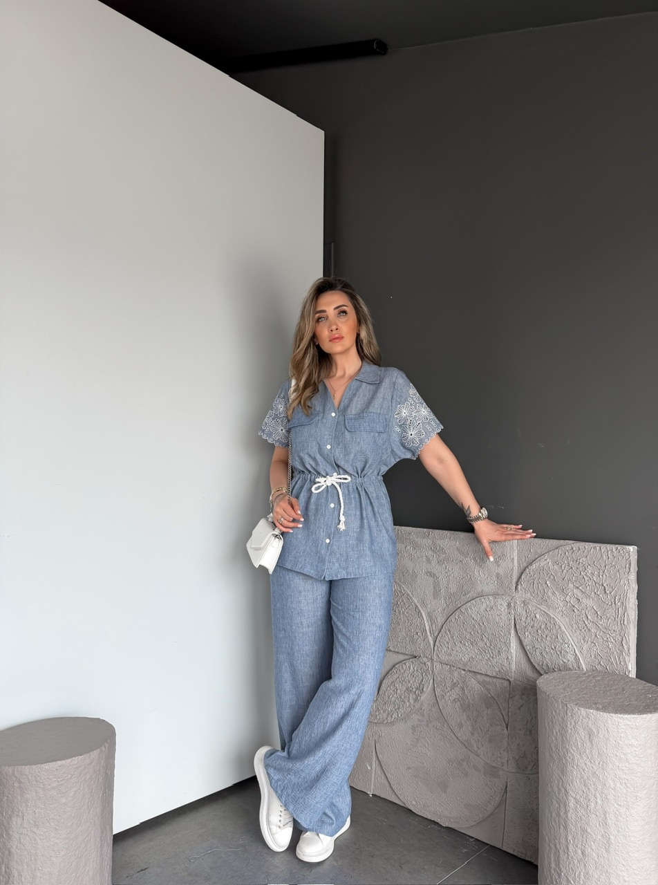 Mavi Kolları Nakışlı Cepli Keten Takım
