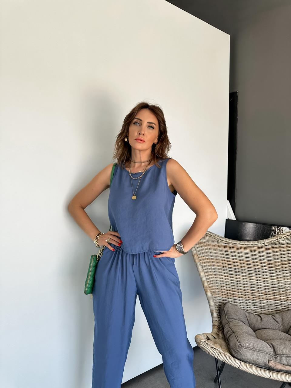 Mavi Kolsuz Beli Lastikli Tensel Takım