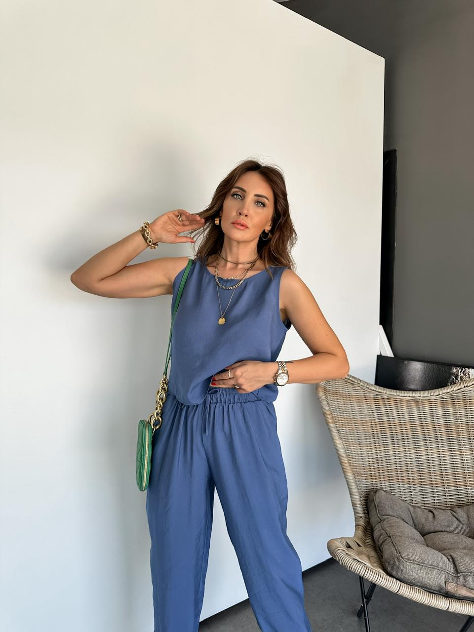 Mavi Kolsuz Beli Lastikli Tensel Takım