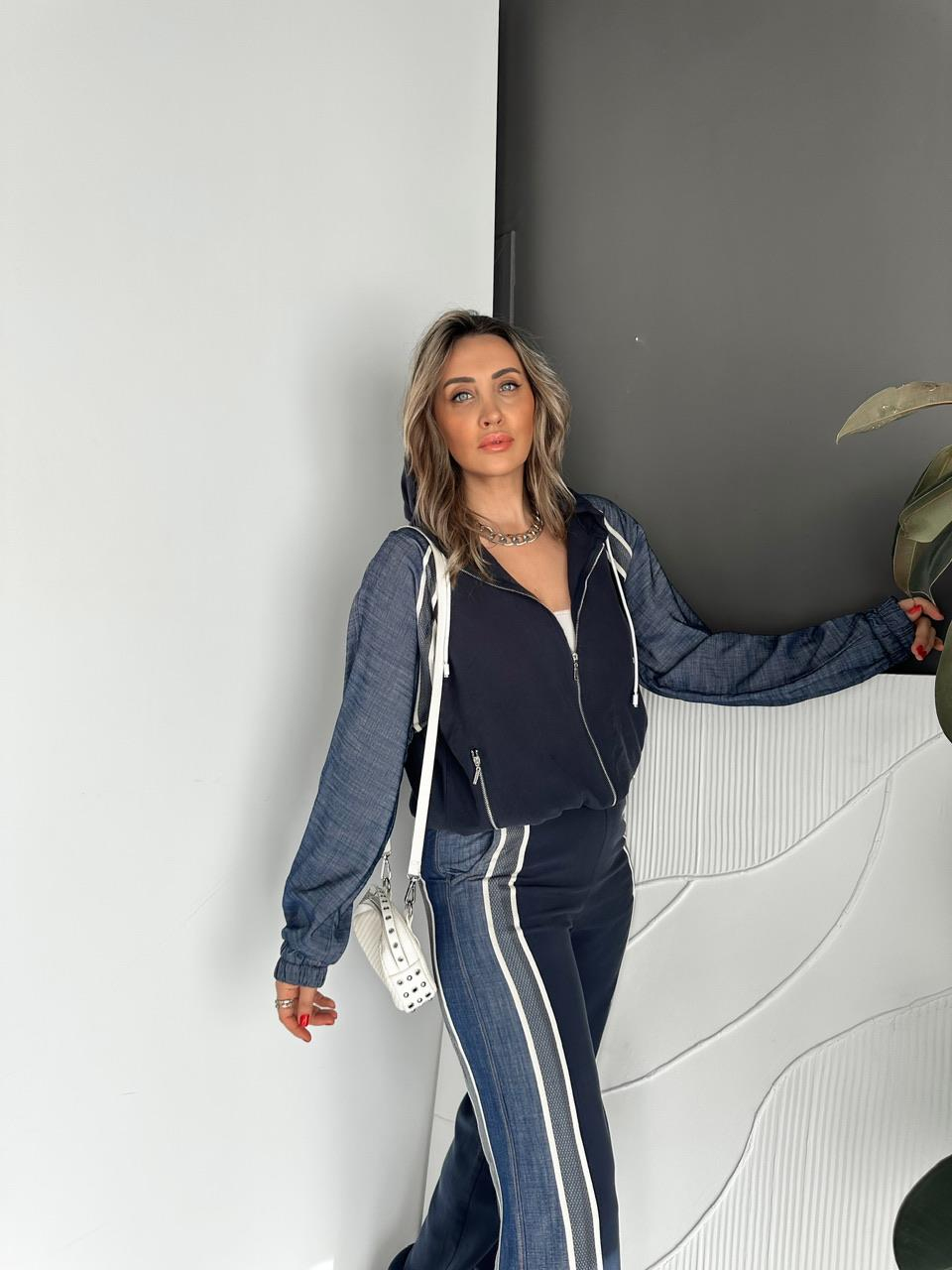 Mavi Kot Parçalı Kapşonlu Modal Takım