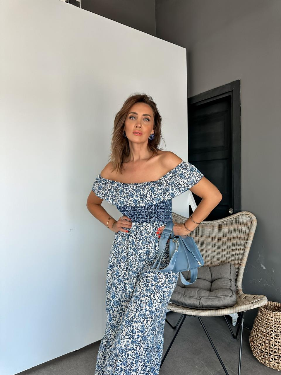 Mavi Madonna Yaka Cıtır Desen Elbise
