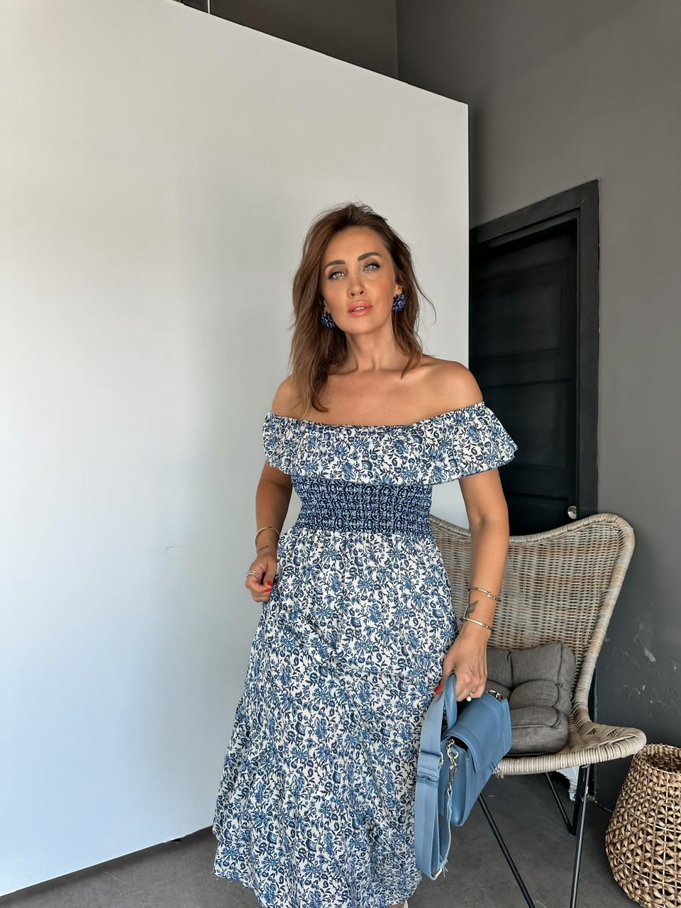 Mavi Madonna Yaka Cıtır Desen Elbise