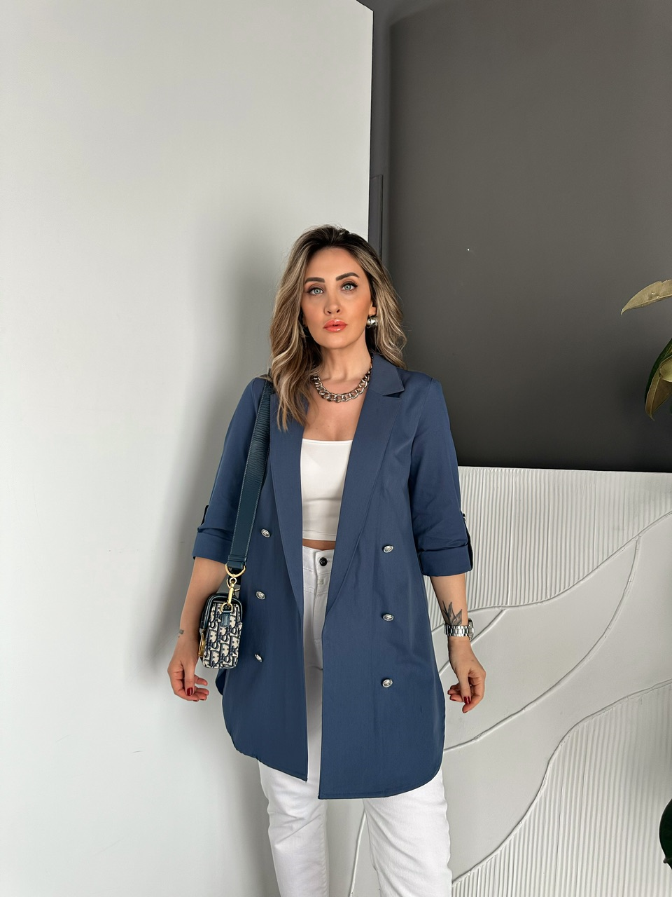 Mavi Manşetli Cotton Blazer Ceket