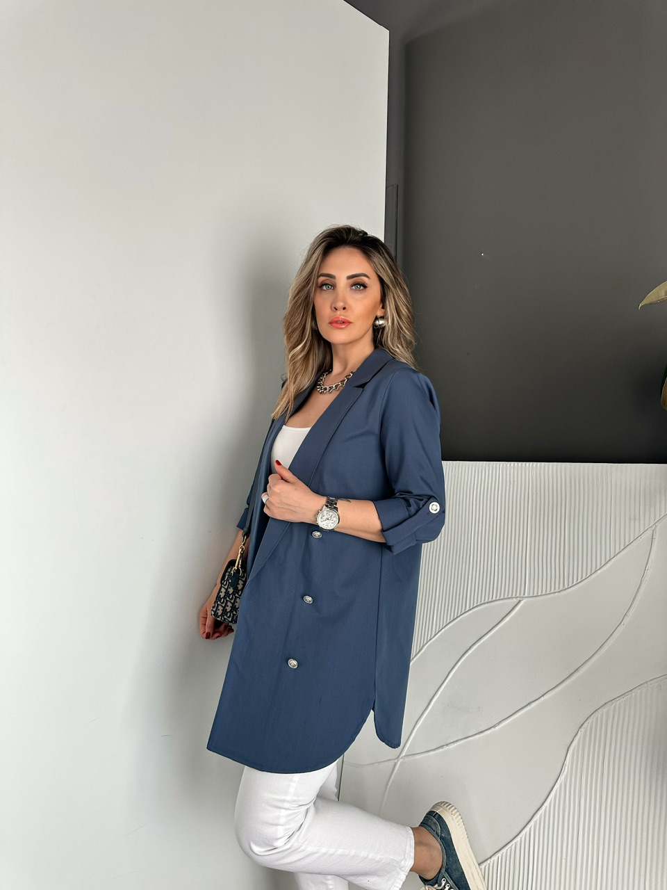 Mavi Manşetli Cotton Blazer Ceket