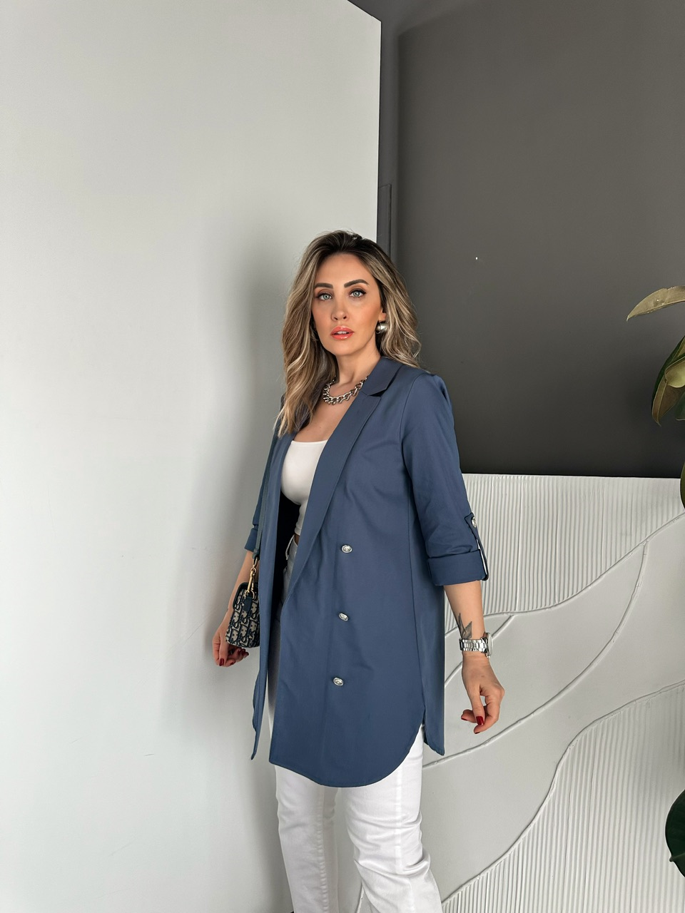 Mavi Manşetli Cotton Blazer Ceket