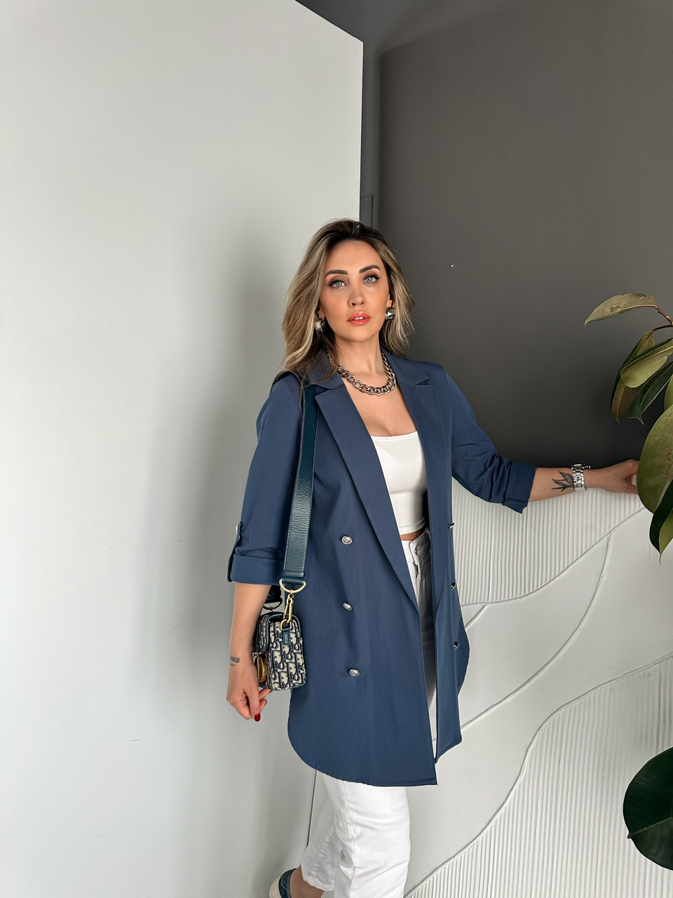 Mavi Manşetli Cotton Blazer Ceket