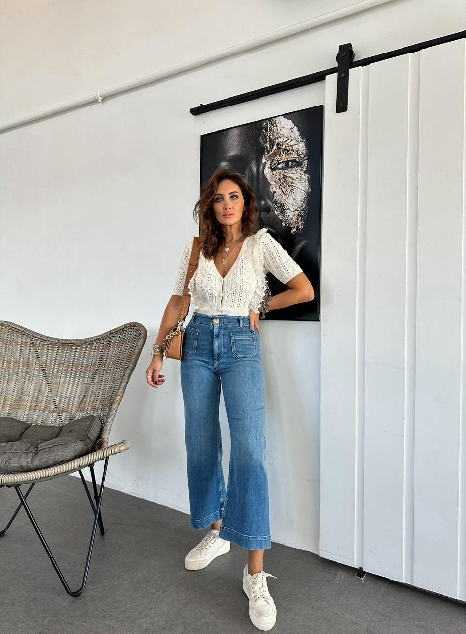 Mavi Ön Cepli Likralı Jean