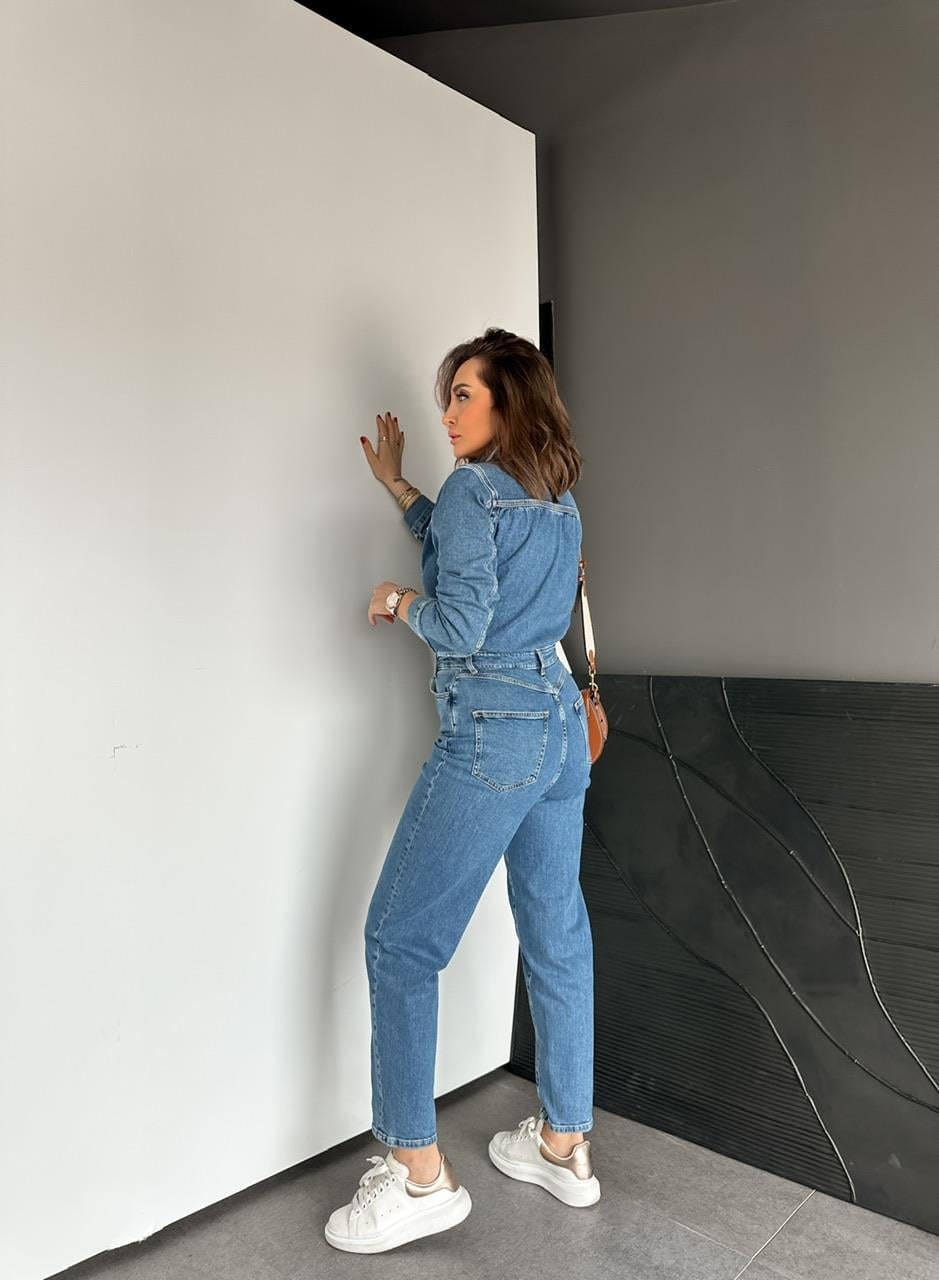 Mavi Önden Düğmeli Orijinal Kot Tulum