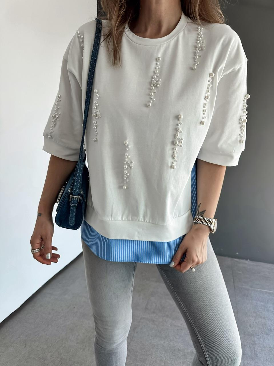 Mavi Parçalı İncili Sweatshirt
