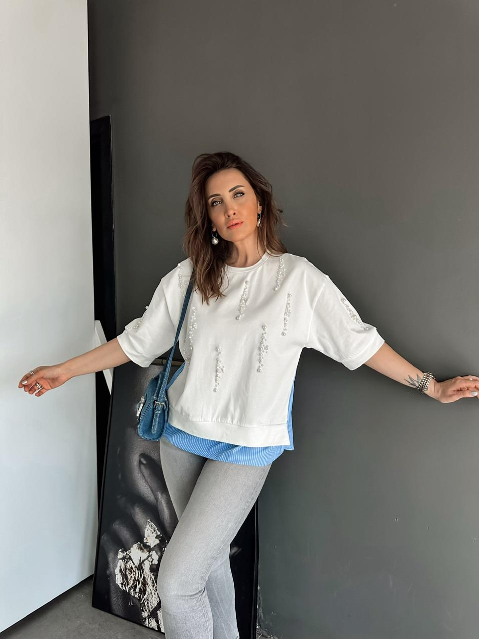 Mavi Parçalı İncili Sweatshirt