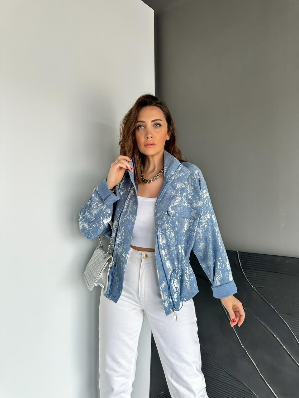 Mavi Parlak Dokulu Büzgülü Ceket