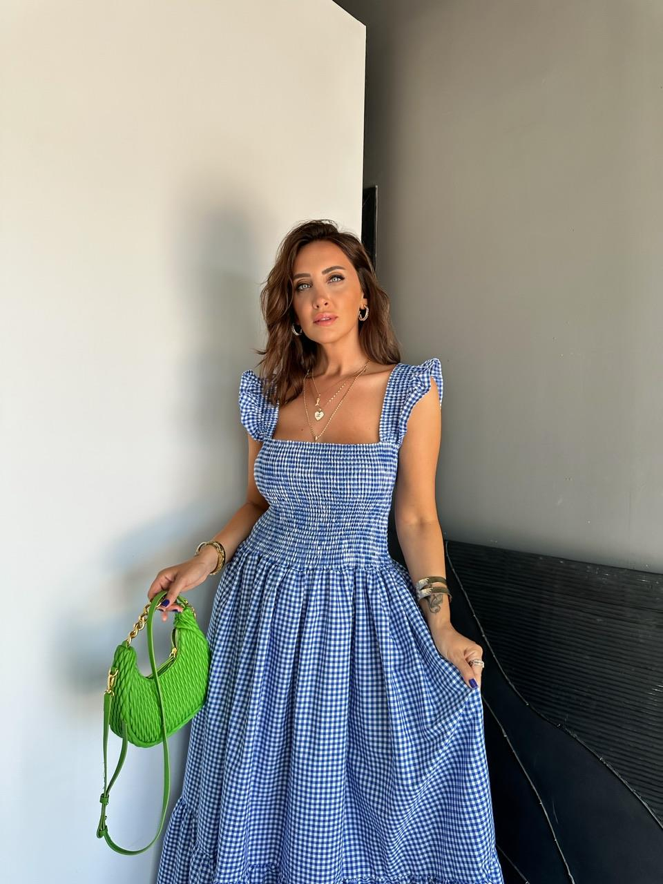 Mavi Piti Kareli Maxi Elbise