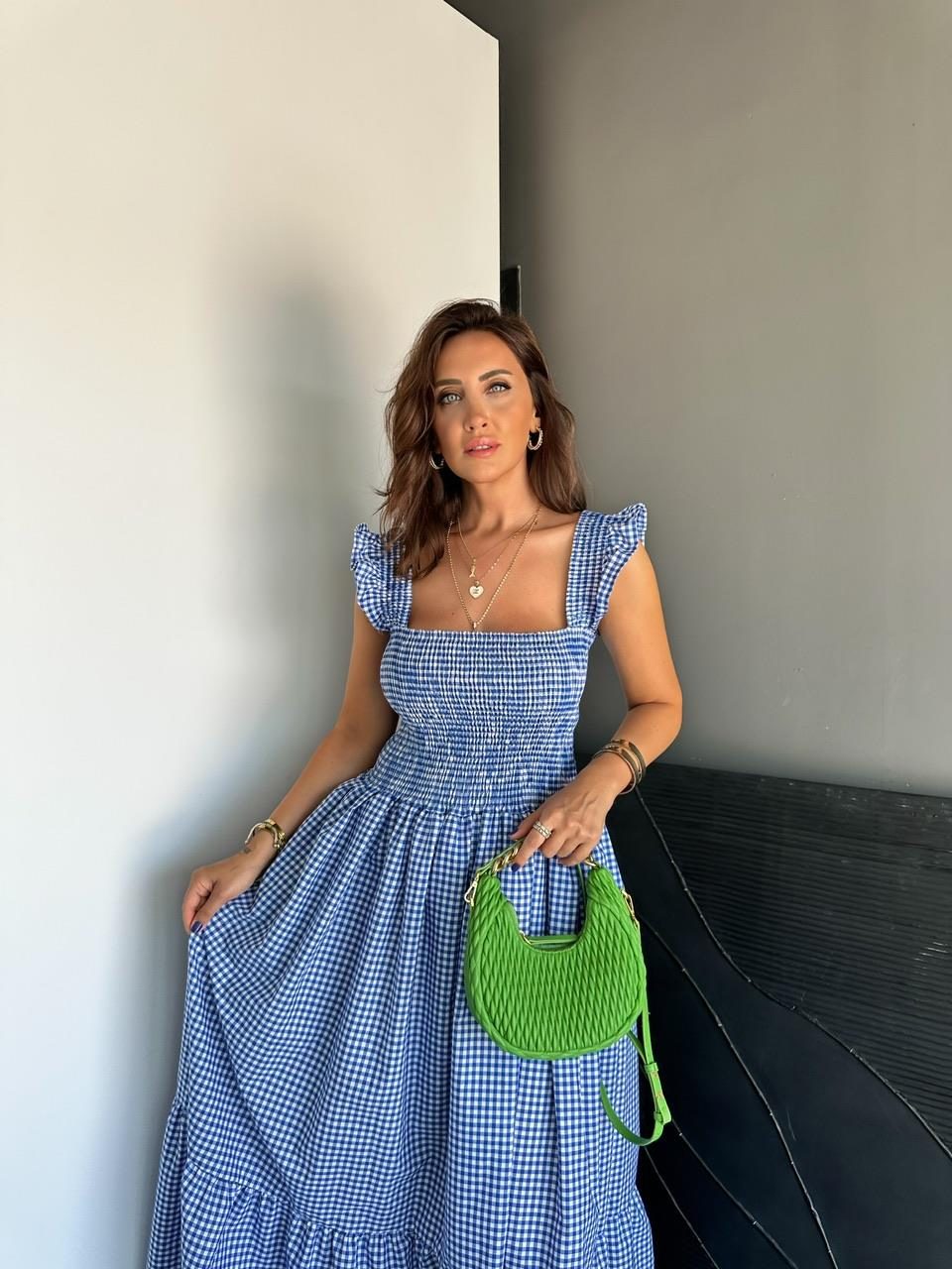Mavi Piti Kareli Maxi Elbise