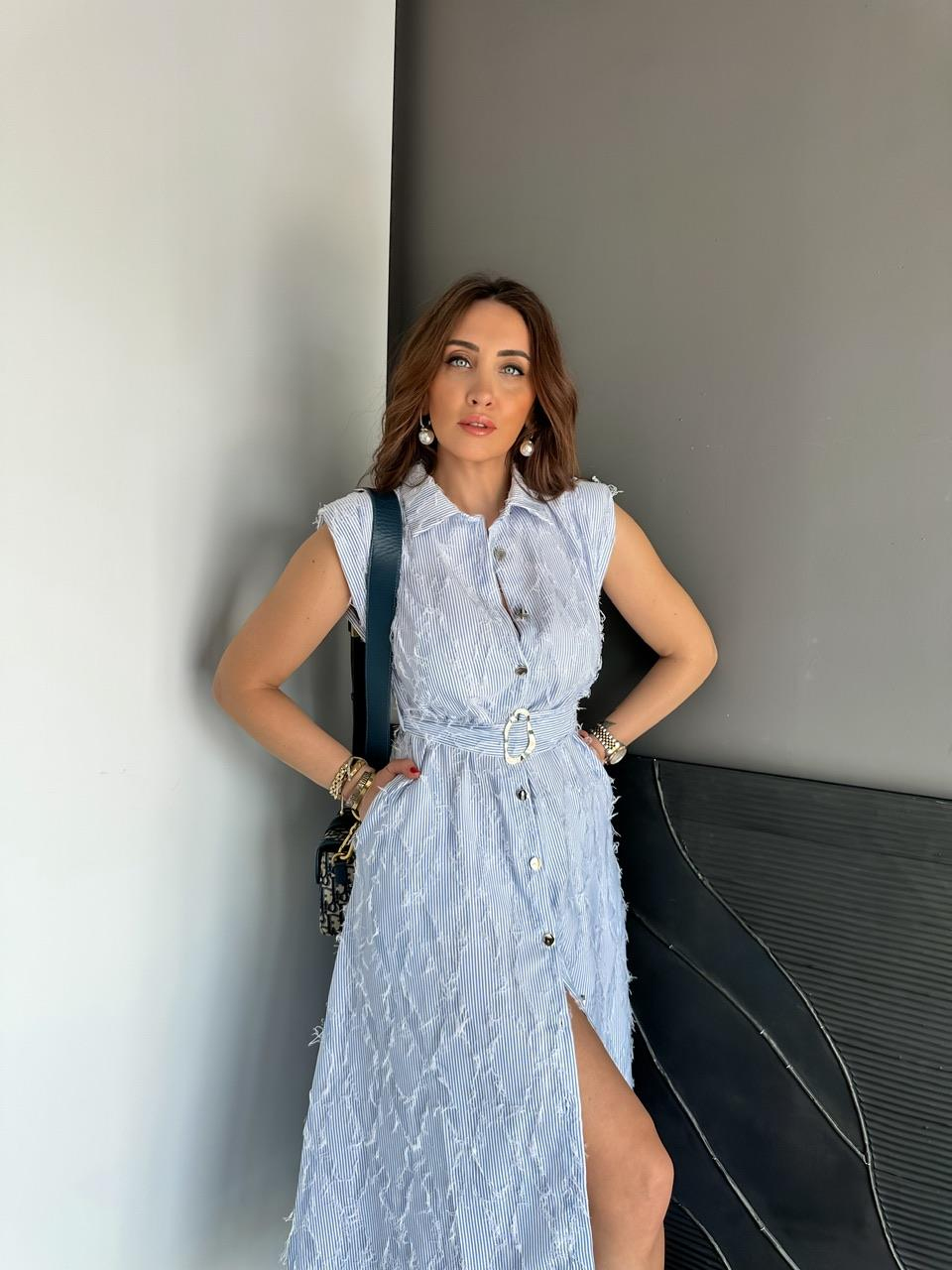 Mavi Saçaklı Kemerli Elbise