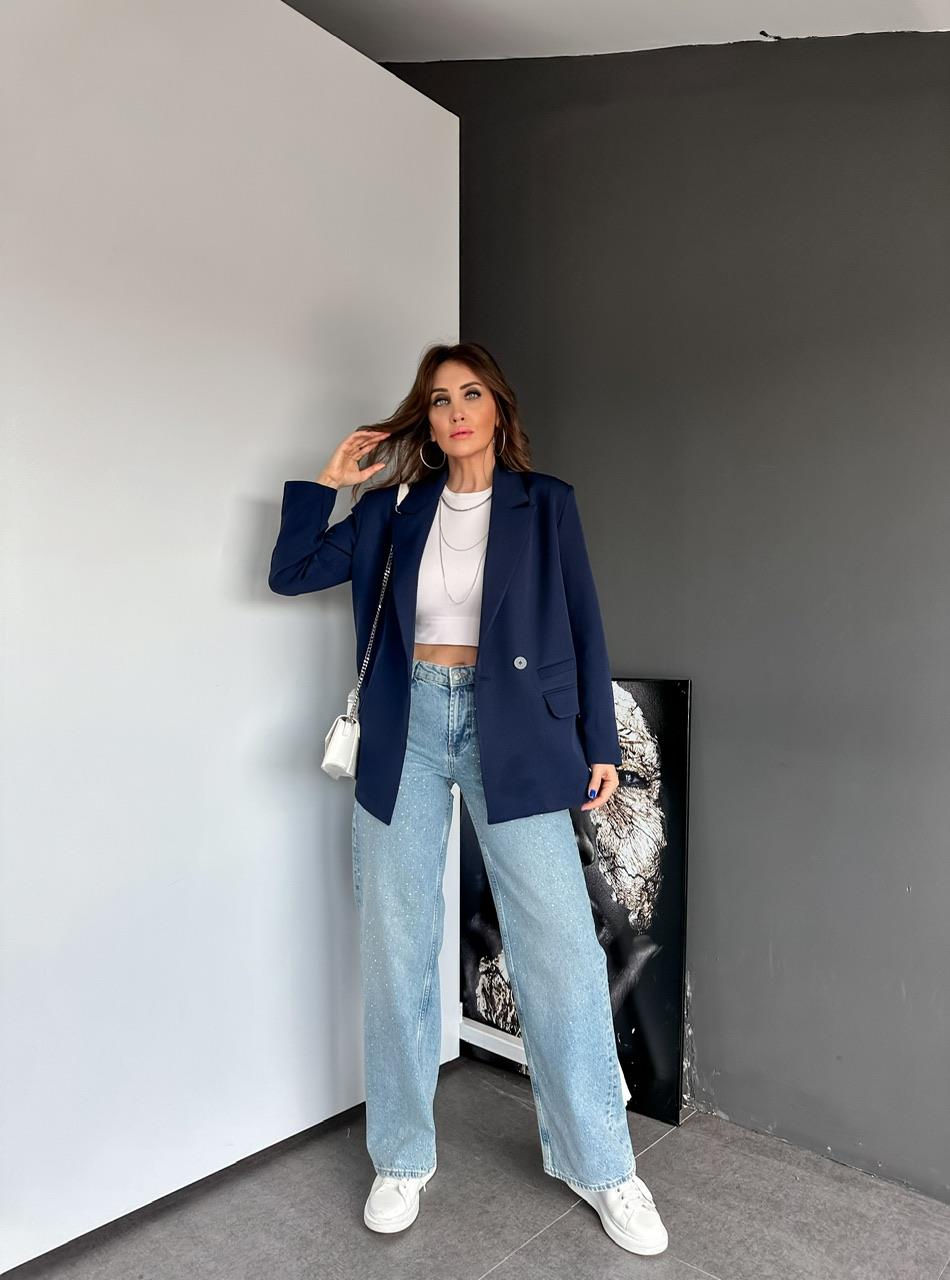 Mavi Serpme Taşlı Jean