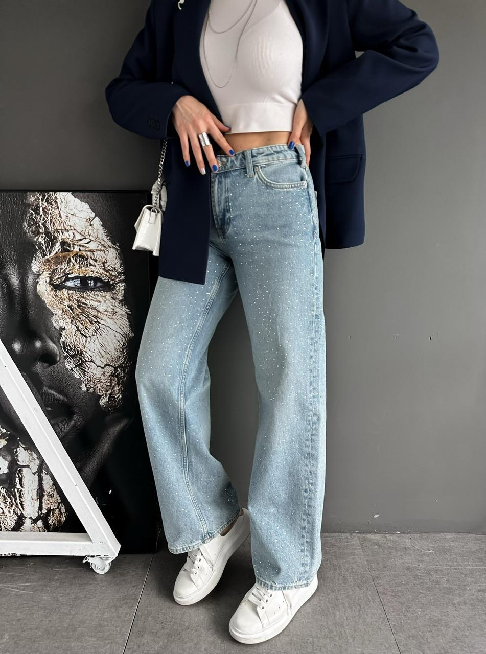 Mavi Serpme Taşlı Jean