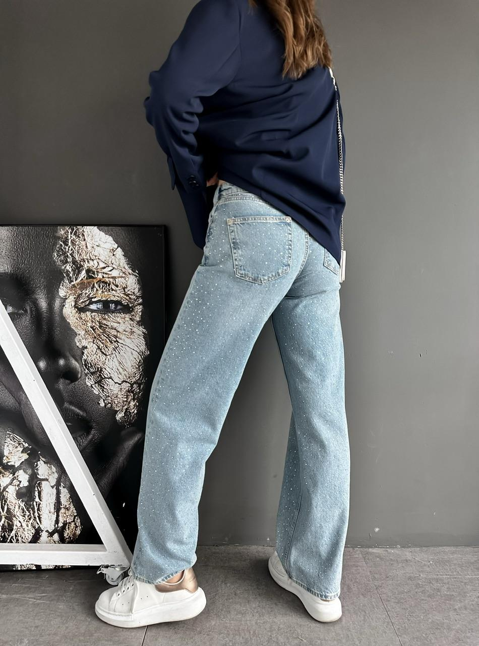 Mavi Serpme Taşlı Jean