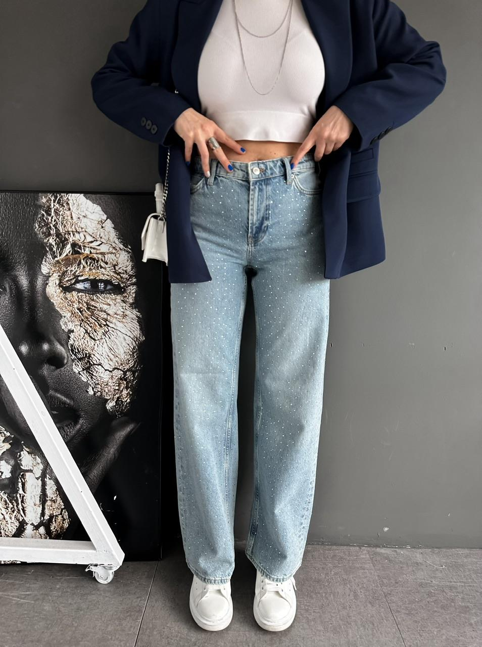 Mavi Serpme Taşlı Jean