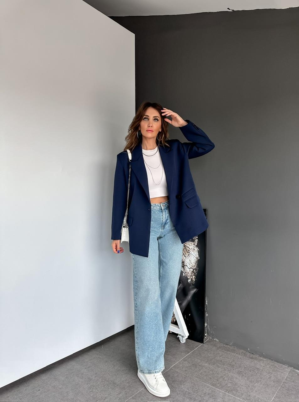 Mavi Serpme Taşlı Jean