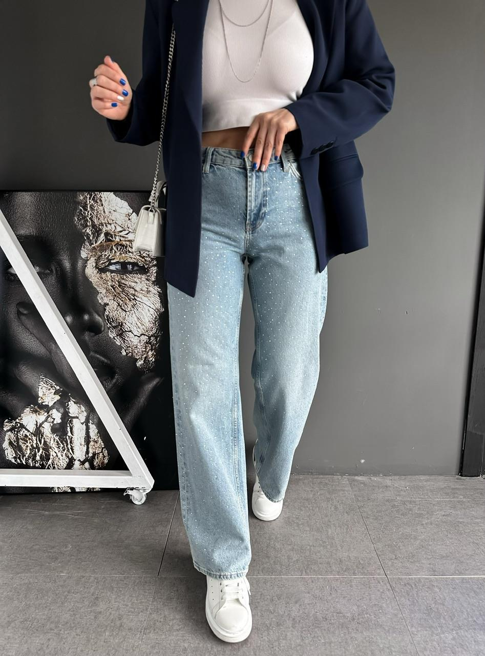 Mavi Serpme Taşlı Jean