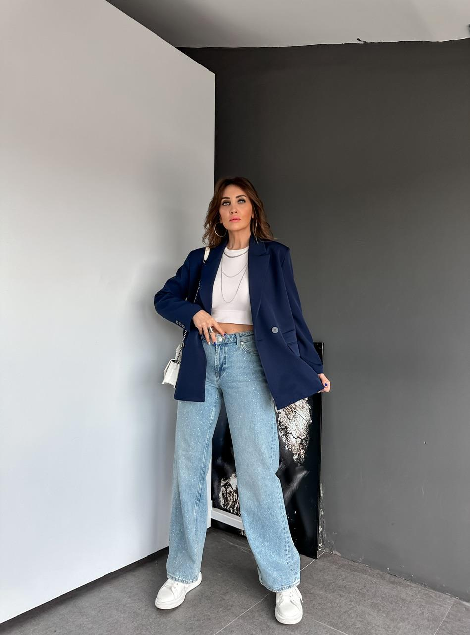 Mavi Serpme Taşlı Jean