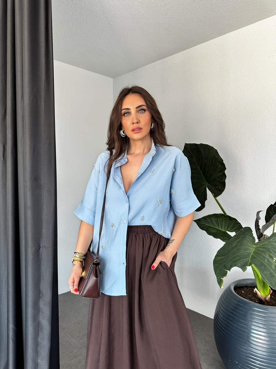 Mavi Serpme Taşlı Model Gömlek